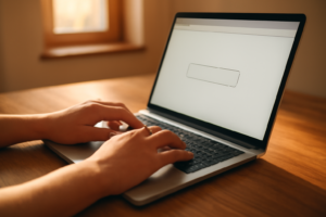 Tangan sedang mengetik kode JavaScript untuk menangani event klik tombol di laptop