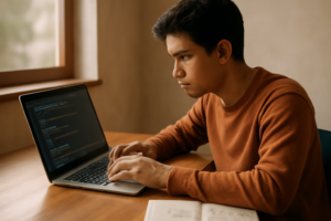 Pemrogram muda mengetik kode JavaScript di laptop untuk menampilkan data ke halaman web