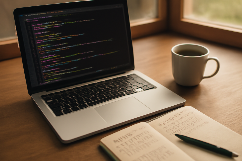 Meja kerja pengembang dengan laptop menampilkan kode JavaScript dan catatan diagram array