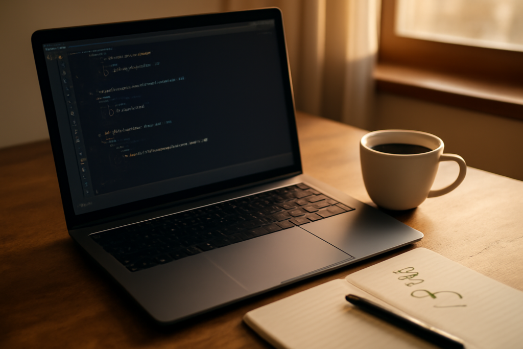 Meja kerja pengembang dengan laptop menampilkan kode JavaScript async await dan catatan alur