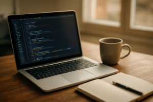 Meja kerja developer dengan laptop dan kopi, menggambarkan konteks penyimpanan data di browser