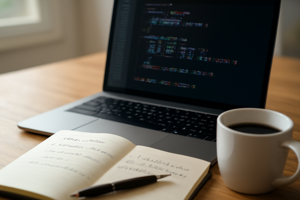 Ilustrasi meja kerja programmer dengan laptop menampilkan kode JavaScript dan catatan tentang iterasi array