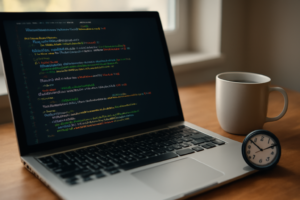 Meja kerja pengembang dengan laptop menampilkan kode JavaScript dan jam analog