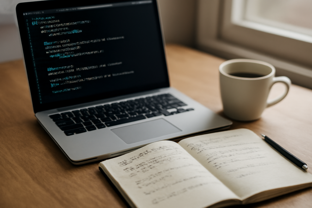 Ilustrasi meja kerja pengembang dengan laptop menampilkan kode JavaScript tentang penggabungan objek