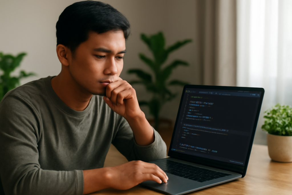 Pemrogram muda sedang melakukan debugging JavaScript di laptop