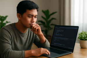 Pemrogram muda sedang melakukan debugging JavaScript di laptop